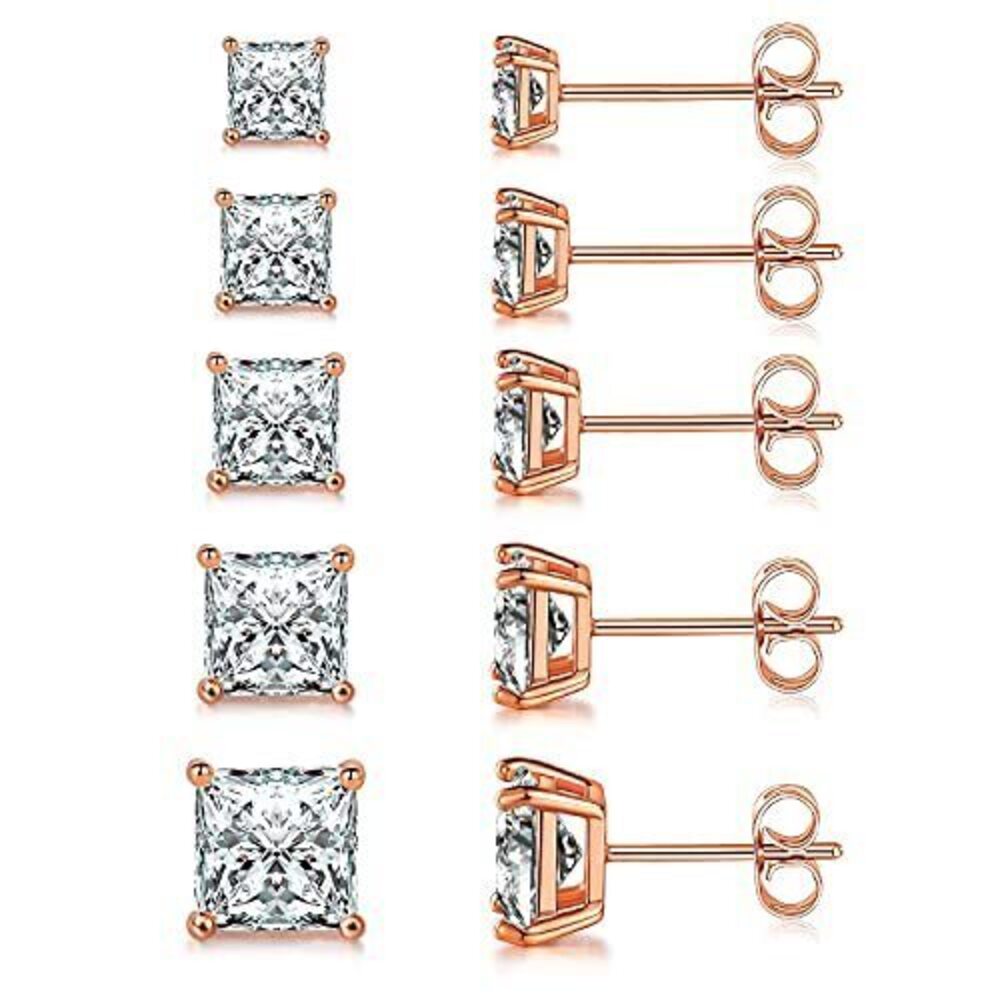 3608 18K Rose Gold Plated Princess Cut Square Clear Cubic Zirconia Stud
